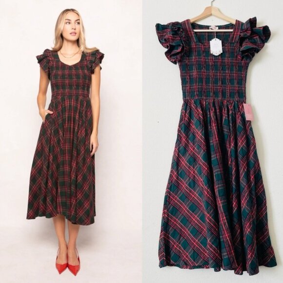 NWT Ivy City Co. SMALL Hattie Smocked pocketed midi dress in Evergreen Plaid red - Picture 1 of 9